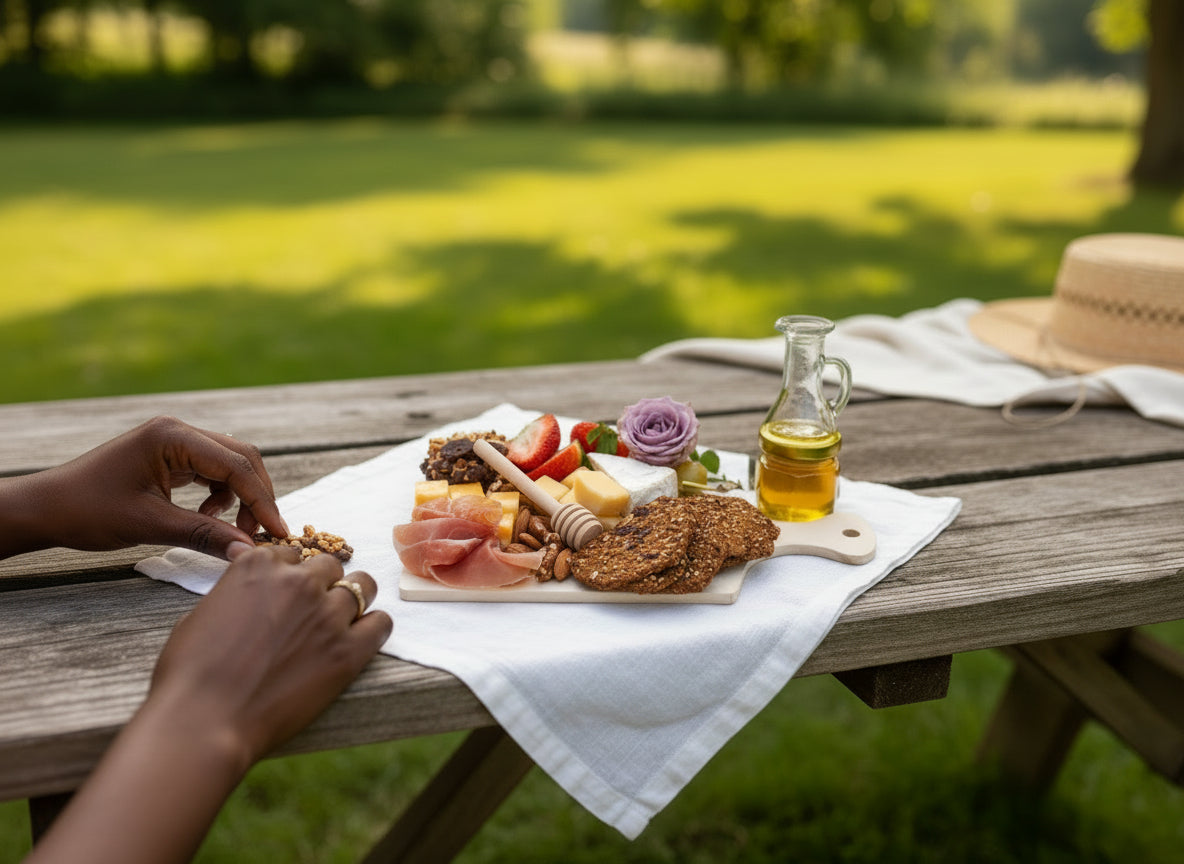 Assorted cheese and meat platter with crackers, honey, and fruit on a textured surface