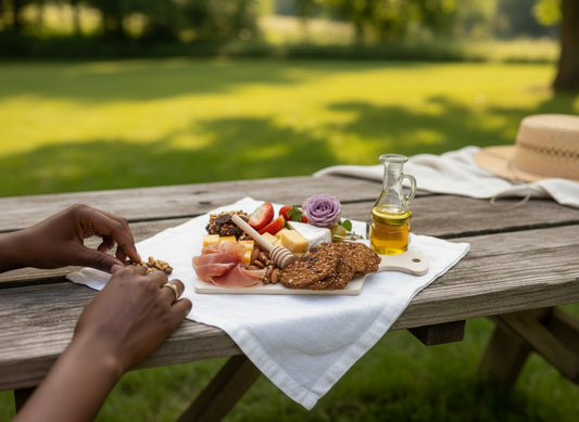 Assorted cheese and meat platter with crackers, honey, and fruit on a textured surface